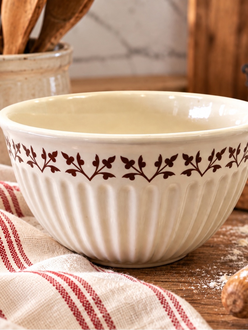Retired Paula Deen Flax 1 Qt Mixing Bowl Cream Brown Floral Stoneware Farmhouse